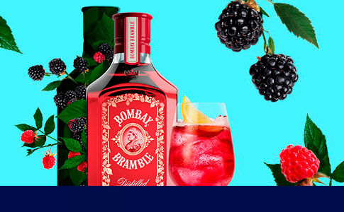 Banner foto botella bombay bramble, ginebra 100% natural de moras y frambuesas