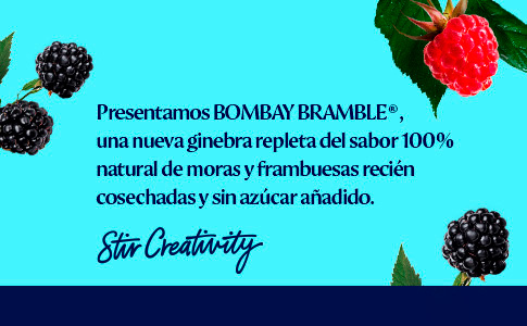 Banner texto bombay bramble, ginebra 100% natural de moras y frambuesas