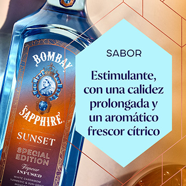 Imagen de la botella bombay sunset, con texto un sabor estimulante, con una calidez prolongada y un aromático frescor cítrico