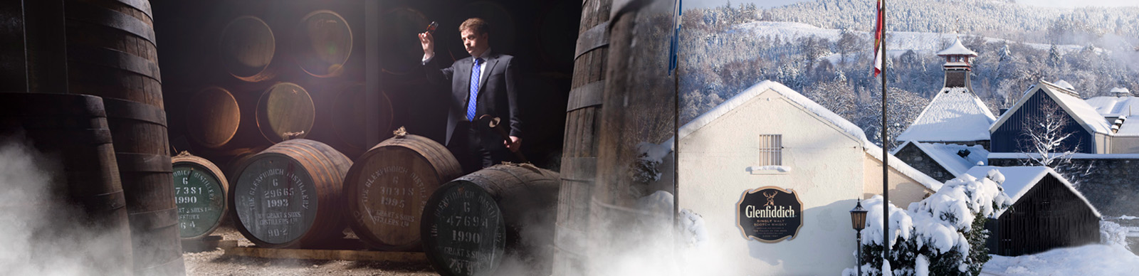 Imagen composición de la destilería Glenfiddich nevada con el logo y experto revisando los barriles de whisky