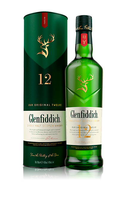 Botella transparente whisky Glenfiddich 12 años single malt