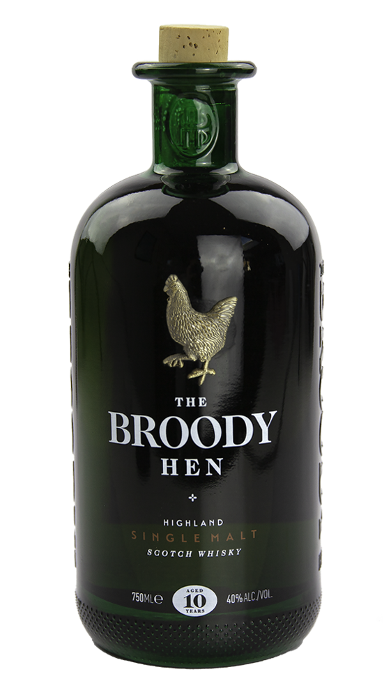 Botella de whisky escocés The Broody Hen single malt de 10 años